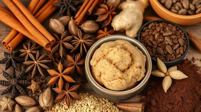 Photorealistic image of a variety of spices like cinnamon sticks, ginger root, vanilla pods, and dark cocoa powder artfully arranged around a small bowl of cookie dough, warm kitchen setting, cinematic lighting, 8K, professional photography.