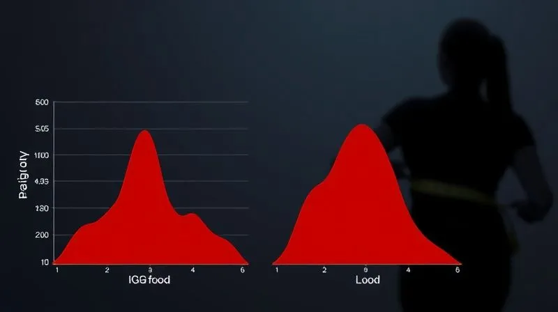 Photorealistic image depicting two blood sugar graphs: one sharply peaking and dropping (representing high IG food), and another gently rising and slowly declining (representing low IG food). In the background, a subtle silhouette of a person looking at a measuring tape, indicating weight loss. Professional photography, 8K, cinematic lighting, sharp focus, depth of field.