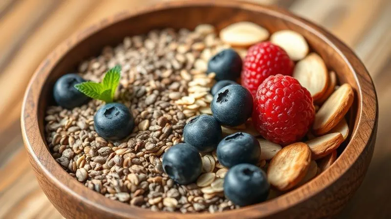 Photorealistic image of a wooden bowl filled with a variety of fiber-rich ingredients: chia seeds, flax seeds, oats, fresh raspberries, blueberries, and sliced almonds. The ingredients are artfully arranged, with warm, natural lighting. Professional photography, 8K, cinematic lighting, sharp focus, depth of field.