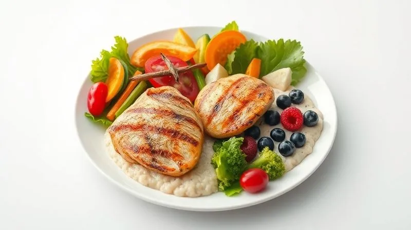Photorealistic image of a perfectly balanced meal on a white plate, divided into sections: one half filled with colorful, fresh vegetables, one quarter with a lean protein source (e.g., grilled chicken), and one quarter with a small portion of semolina porridge with berries. The background is clean and minimalist, emphasizing the food. Professional photography, 8K, cinematic lighting, sharp focus, depth of field.