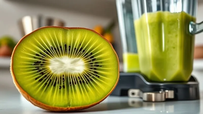 A close-up, photorealistic image of a whole, ripe kiwi fruit sliced in half, revealing its vibrant green flesh and tiny black seeds. Next to it, a blender is shown with a partially blended kiwi smoothie, illustrating the difference in texture and form. The setting is a clean, modern kitchen counter with soft, natural light, emphasizing freshness and scientific transformation. Professional photography, 8K, cinematic lighting, sharp focus, depth of field, shot on a high-end DSLR.