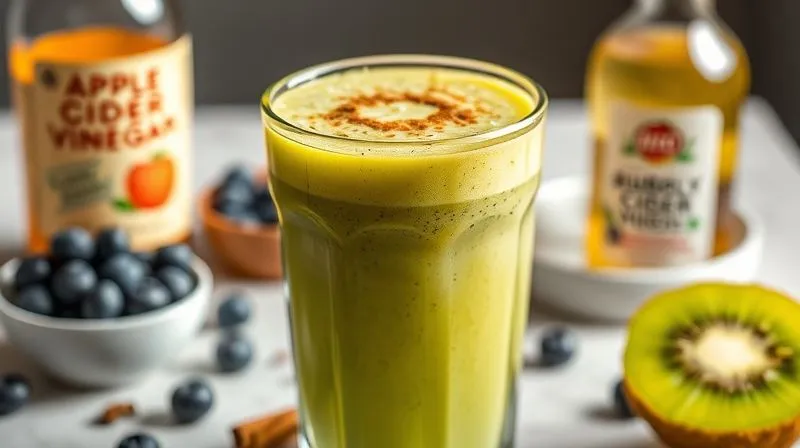 A vibrant and refreshing photorealistic kiwi smoothie in a glass, with a swirl of cinnamon on top and a few whole chia seeds visible. In the background, a small bowl of fresh blueberries, a bottle of apple cider vinegar, and a stick of cinnamon are subtly blurred, suggesting healthy additions. The lighting is bright and inviting, emphasizing a healthy lifestyle. Professional photography, 8K, cinematic lighting, sharp focus, depth of field, shot on a high-end DSLR.