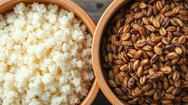 A close-up, photorealistic, professional photography, 8K, cinematic lighting, sharp focus, depth of field, shot on a high-end DSLR of two bowls side-by-side: one with light, fluffy instant couscous and the other with darker, more textured whole-grain couscous, emphasizing the visual difference in texture and color, with a subtle healthy glow.