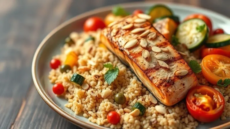 A vibrant, photorealistic, professional photography, 8K, cinematic lighting, sharp focus, depth of field, shot on a high-end DSLR of a beautifully arranged plate of whole-grain couscous with an abundance of colorful, fresh vegetables (like roasted bell peppers, zucchini, cherry tomatoes), grilled salmon, and a sprinkle of toasted almonds, illustrating a perfectly balanced low-GI meal.