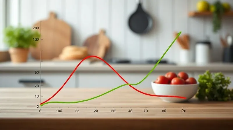 Photorealistic, professional photography, 8K, cinematic lighting, sharp focus, depth of field, shot on a high-end DSLR. A graphic representation of a blood sugar curve after consuming high GI food, with a red line sharply rising and falling, contrasted with a green line showing a gentle, stable curve after low GI food. In the background, a subtle blur of a healthy kitchen counter.