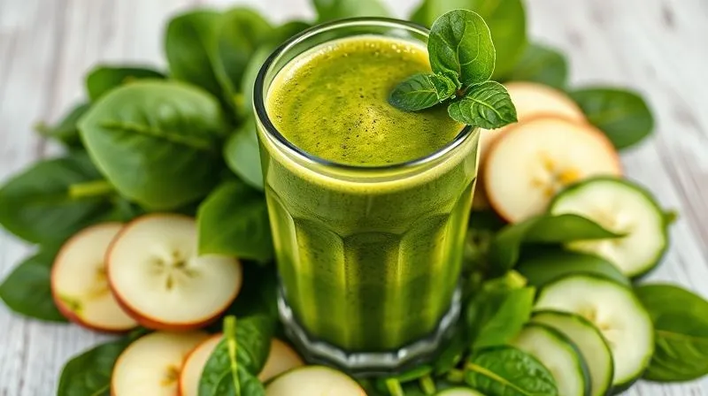 Photorealistic, professional photography, 8K, cinematic lighting, sharp focus, depth of field, shot on a high-end DSLR. A vibrant green smoothie with apple slices, spinach leaves, and cucumber slices artfully arranged around a clear glass, suggesting a healthy, low-GI blend. Natural light, inviting textures.