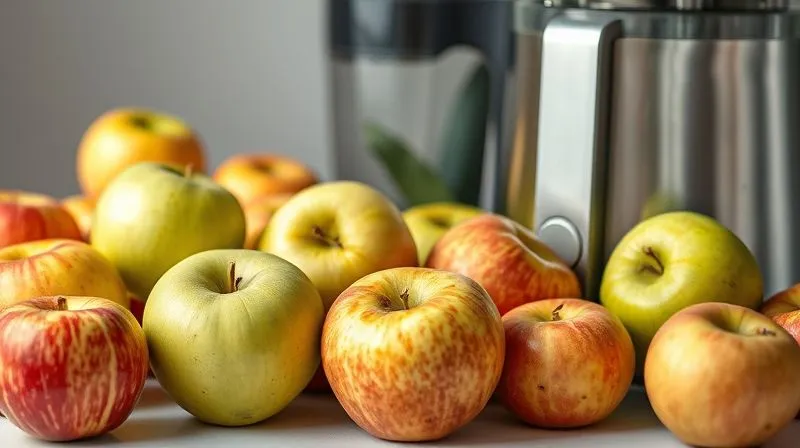 Photorealistic, professional photography, 8K, cinematic lighting, sharp focus, depth of field, shot on a high-end DSLR. A variety of fresh, crisp green and red tart apples (like Granny Smith and Braeburn) neatly arranged next to a modern slow juicer. The scene is clean, bright, and emphasizes natural, unprocessed ingredients.