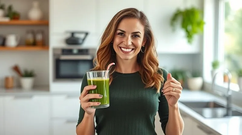 Photorealistic, professional photography, 8K, cinematic lighting, sharp focus, depth of field, shot on a high-end DSLR. A woman smiling confidently, holding a glass of green juice, standing in a brightly lit modern kitchen. She radiates health and positive energy, symbolizing successful weight loss and healthy choices.