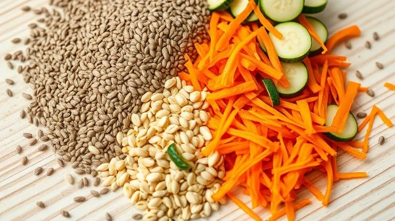 A close-up, photorealistic shot of various healthy seeds and finely grated vegetables, such as chia seeds, flax seeds, psyllium husk, shredded carrots, and zucchini, arranged artfully on a light wooden surface. professional photography, 8K, cinematic lighting, sharp focus, depth of field, shot on a high-end DSLR, vibrant, fresh, nutritious.