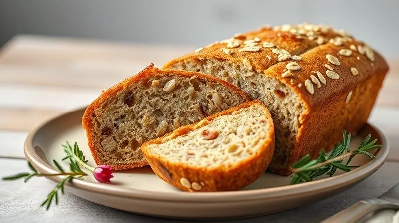 A perfectly baked, golden-brown loaf of fit oat bread, sliced to reveal a moist, textured interior, presented on a minimalist ceramic plate with a sprig of fresh rosemary. professional photography, 8K, cinematic lighting, sharp focus, depth of field, shot on a high-end DSLR, inviting, healthy, artisanal.