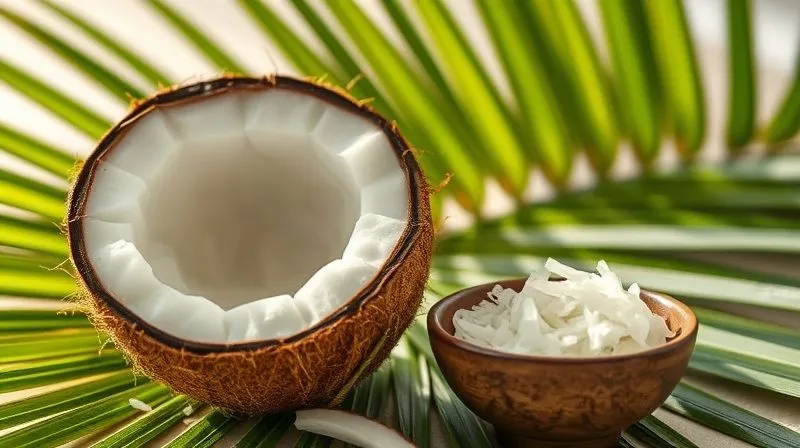 A close-up, photorealistic, professional photography of a halved coconut showing its white flesh, surrounded by a few fresh green palm leaves and a small bowl of shredded coconut flakes. The scene is bathed in soft, natural light, highlighting the texture of the coconut. 8K hyper-detailed, shot on a high-end DSLR, evoking freshness and natural goodness, with a hint of exotic appeal.