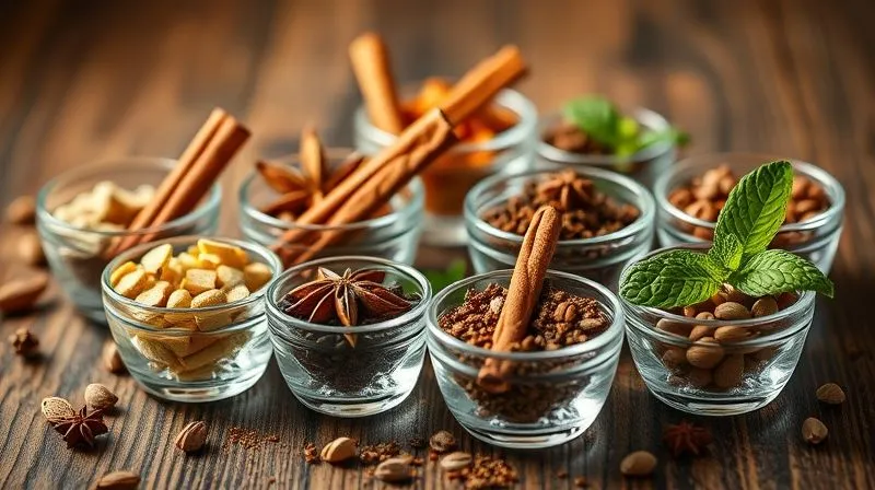 Photorealistic, professional photography of an elegant arrangement of small glass bowls filled with various spices and extracts: vanilla pods and extract, cinnamon sticks, star anise, cardamom pods, and fresh mint leaves. The scene is lit with soft, warm, studio lighting, creating a sense of culinary artistry and natural aromas. Sharp focus on the spices, with a subtle depth of field. 8K hyper-detailed, shot on a high-end DSLR, inspiring creativity in flavor enhancement.