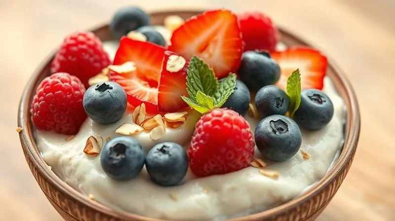 Photorealistic, professional photography of a vibrant, healthy coconut dessert in a bowl, generously topped with an array of colorful fresh berries (raspberries, blueberries, sliced strawberries), a sprinkle of toasted almond flakes, and a few fresh mint leaves. The composition is bright and inviting, with sharp focus on the toppings and a soft, blurred background. Cinematic natural light highlights the freshness. 8K hyper-detailed, shot on a high-end DSLR, conveying health, indulgence, and visual appeal.