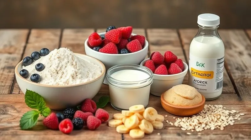 Photorealistic, professional photography of a selection of healthy baking ingredients: a bowl of almond flour, a bowl of oat flour, a handful of fresh berries, a container of plain Greek yogurt, a bottle of erythritol, and a small pile of mashed banana, all arranged aesthetically on a rustic wooden table with soft, cinematic lighting. Sharp focus on the ingredients, depth of field blurring the background. 8K hyper-detailed, shot on a high-end DSLR, emphasizing natural and wholesome choices.