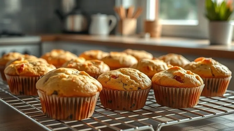 Photorealistic, professional photography of a tray of freshly baked protein muffins cooling on a wire rack, steam gently rising. The muffins are perfectly golden brown, with visible fruit pieces and a light, airy texture. Cinematic lighting from a window creates soft shadows and highlights. Sharp focus on the muffins, with a blurred background of a modern kitchen. 8K hyper-detailed, shot on a high-end DSLR, conveying warmth, freshness, and deliciousness.