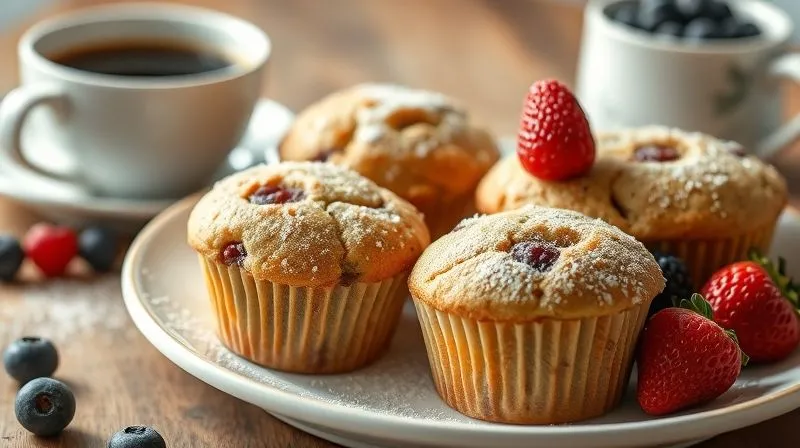 Photorealistic, professional photography of a plate of perfectly baked, low-calorie protein muffins, garnished with fresh berries and a dusting of erythritol 'powdered sugar'. The muffins are arranged artistically on a white ceramic plate, with a cup of coffee in the background. Cinematic lighting highlights the delicate texture and vibrant colors. Sharp focus on the muffins, depth of field blurring the background. 8K hyper-detailed, shot on a high-end DSLR, looking delicious and inviting.