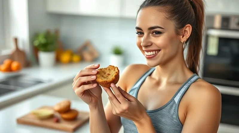 Photorealistic, professional photography of a woman in activewear, smiling and holding a single low-calorie protein muffin, about to take a bite. She is in a bright, modern kitchen, with a healthy breakfast spread on the counter in the background. Cinematic lighting, sharp focus on the woman and the muffin, depth of field blurring the background. 8K hyper-detailed, shot on a high-end DSLR, conveying joy, health, and satisfaction.
