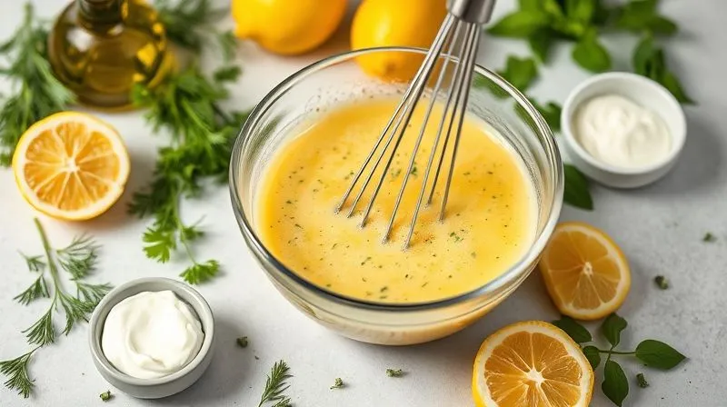 photorealistic, professional photography, 8K, cinematic lighting, sharp focus, depth of field, shot on a high-end DSLR, a vibrant and fresh light pasta salad dressing being whisked in a glass bowl, with fresh herbs like dill, parsley, and basil scattered around, alongside olive oil, lemon, and a small bowl of Greek yogurt. Emphasize natural ingredients and bright colors.