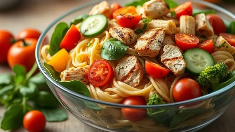 photorealistic, professional photography, 8K, cinematic lighting, sharp focus, depth of field, shot on a high-end DSLR, a vibrant, colorful, and abundant healthy pasta salad in a large glass bowl, overflowing with fresh vegetables like bell peppers, cherry tomatoes, spinach, cucumber, and blanched broccoli florets, mixed with whole-wheat pasta and grilled chicken pieces. The scene is bright and appetizing, emphasizing freshness and health.