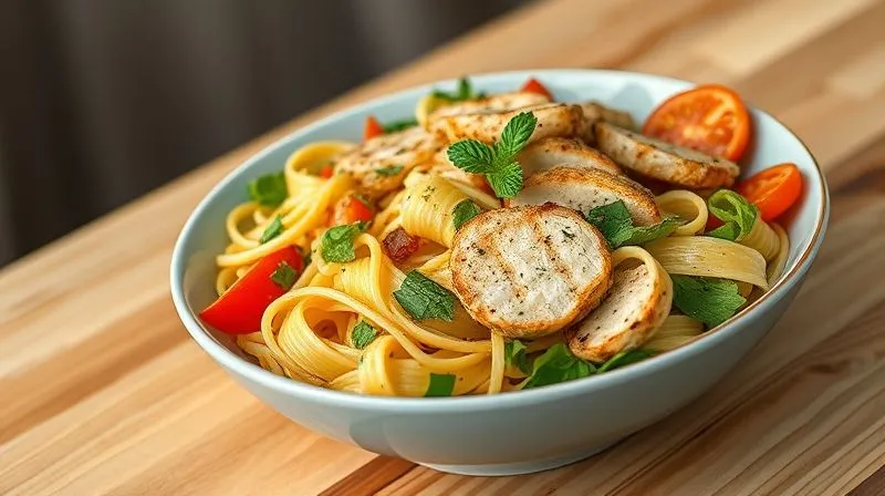 photorealistic, professional photography, 8K, cinematic lighting, sharp focus, depth of field, shot on a high-end DSLR, a beautifully arranged, healthy pasta salad with grilled chicken, colorful vegetables, and a light creamy dressing, served in a modern, light blue bowl on a wooden table. Garnish with fresh herbs. The presentation is appetizing and suggests freshness and deliciousness.