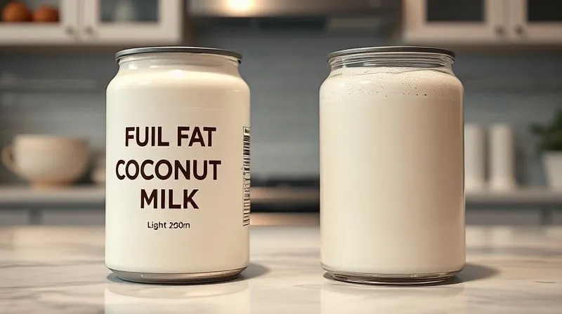 A side-by-side comparison, photorealistic professional photography, of two cans of coconut milk. One is clearly labeled "Full Fat Coconut Milk" with a rich, creamy texture visible, and the other "Light Coconut Milk" with a visibly thinner, lighter consistency. Both are in an elegant, clean kitchen setting, cinematic lighting, sharp focus, depth of field, 8K hyper-detailed, shot on a high-end DSLR.