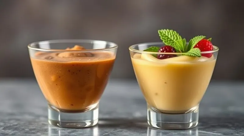 A photorealistic professional photography image showing two elegant glass dessert cups side-by-side. The left cup contains a rich, dense, and slightly darker vegan coconut mango mousse, labeled "Original Version (550 kcal)". The right cup contains a visibly lighter, airier, and brighter vegan coconut mango mousse, garnished with fresh mint and a few berries, labeled "Lightened Version (350 kcal)". Cinematic lighting, sharp focus on both desserts, depth of field, 8K hyper-detailed, shot on a high-end DSLR.