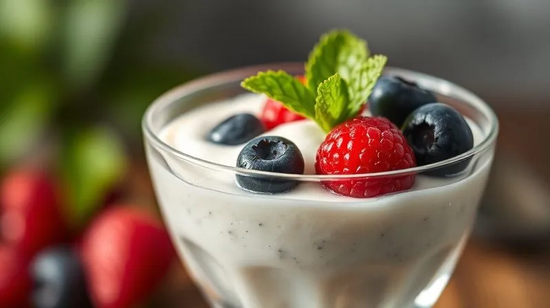 A close-up, photorealistic professional photography shot of a single serving of the "Light Vegan Coconut Mousse with Berries" in an elegant glass, garnished beautifully with fresh blueberries, raspberries, and a sprig of mint. The mousse has a visibly light, airy texture. Cinematic lighting, sharp focus on the dessert, depth of field blurring the background, 8K hyper-detailed, shot on a high-end DSLR.