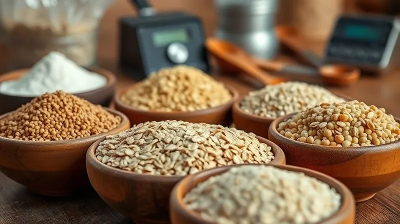 Photorealistic image of various types of flour – millet, oat, chickpea, and buckwheat – in separate rustic bowls on a wooden table, with measuring spoons and a digital scale in the background, cinematic lighting, sharp focus on the textures of the flours, depth of field blurring the background, 8K hyper-detailed.