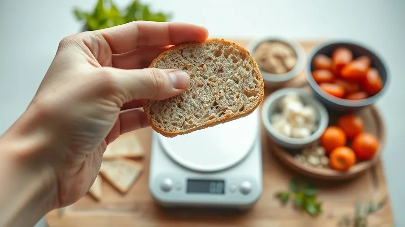 Photorealistic, professional photography, 8K, cinematic lighting, sharp focus, depth of field, shot on a high-end DSLR of a hand holding a precisely sliced, thin piece of millet bread over a small digital kitchen scale, showing a low weight. In the background, a variety of healthy, low-calorie toppings are neatly arranged, suggesting mindful eating and portion control. The scene is bright and clean, emphasizing health and precision.