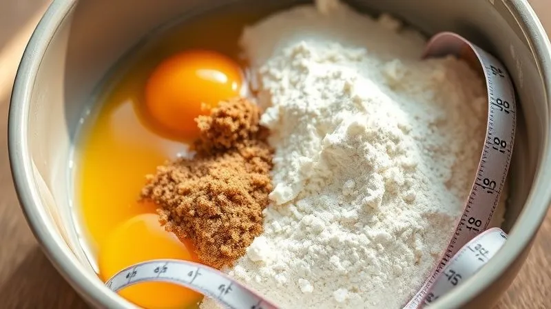 A close-up, photorealistic image of a bowl filled with various baking ingredients: coconut flour, coconut oil, brown sugar, eggs, and a measuring tape subtly placed around the bowl, all bathed in soft, natural light, symbolizing the core components of coconut bread and the challenge of calorie management. Professional photography, 8K, cinematic lighting, sharp focus, depth of field, shot on a high-end DSLR.
