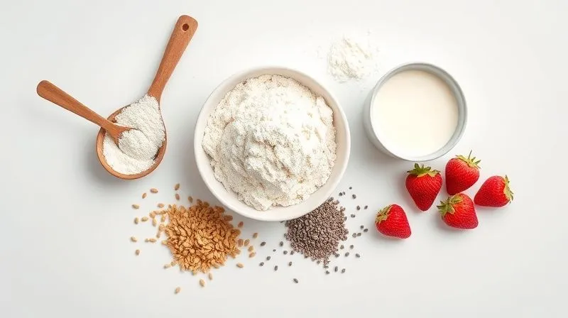 A vibrant and professional flat lay photograph of various healthy baking ingredients: a bowl of coconut flour, a scoop of protein powder, a small pile of chia seeds, a container of erythritol, and a few fresh berries, all arranged on a light, minimalist background. The lighting is bright and even, with sharp focus on the textures of the ingredients. 8K, cinematic lighting, depth of field, shot on a high-end DSLR.