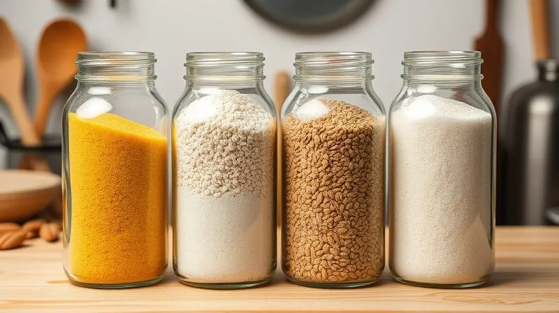 A professional, photorealistic image of four glass jars filled with different types of flour: fine yellow corn flour, coarse cornmeal, whole wheat flour, and almond flour, arranged neatly on a light wooden table. The lighting is soft and natural, emphasizing the textures and colors of each flour. Sharp focus on the jars, with a blurred background of kitchen utensils. 8K hyper-detailed, shot on a high-end DSLR.