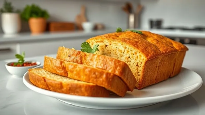 A professional, photorealistic image of a perfectly baked, golden-brown low-calorie corn bread loaf, sliced and arranged on a simple white plate. A few fresh cilantro leaves are scattered on top, and a small bowl of chili flakes is nearby. The background is a clean, modern kitchen counter with soft, diffused light. Sharp focus on the bread, with a shallow depth of field. 8K hyper-detailed, shot on a high-end DSLR, emphasizing healthy and flavorful cooking.