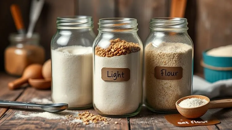 A professional studio photograph of three glass jars filled with different types of flour: one with light spelt flour, one with whole wheat spelt flour, and one with oat flour. The jars are arranged on a rustic wooden table with measuring spoons and a small handwritten label, cinematic lighting, sharp focus on the textures of the flours, depth of field blurring a background of baking tools, 8K hyper-detailed.