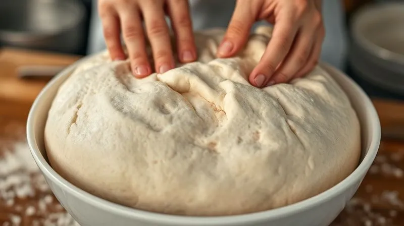 A close-up, photorealistic image of a large bowl of dough undergoing its first rise, with visible air bubbles and a light, airy texture. Hands are gently stretching and folding the sticky dough, emphasizing the high hydration technique. Cinematic lighting, sharp focus on the dough's surface, depth of field blurring the kitchen background, 8K hyper-detailed, professional photography.