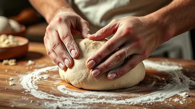 A close-up, photorealistic image of a baker's hands, dusted with flour, gently kneading a soft, elastic spelt dough on a wooden countertop. The lighting is warm and natural, highlighting the texture of the dough and the hands. Sharp focus on the kneading motion, depth of field blurring a background of baking ingredients. Professional photography, 8K, shot on a high-end DSLR, evoking a sense of craft and passion.