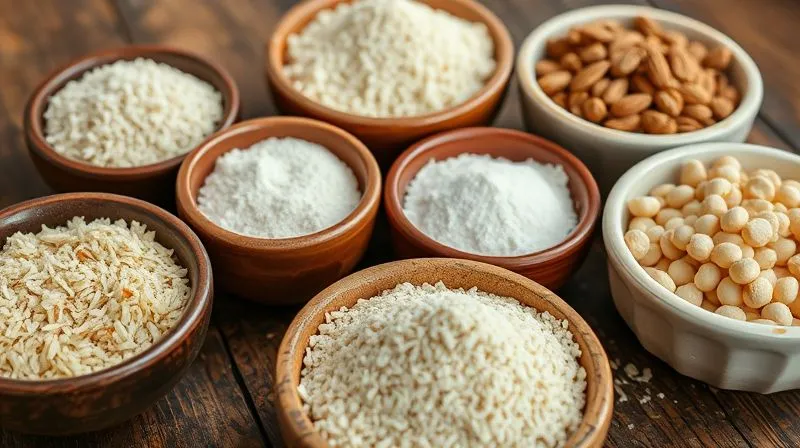 Photorealistic close-up of different types of flour (rice, coconut, almond, chickpea) in small ceramic bowls, arranged on a rustic wooden table. Each bowl is clearly identifiable. Soft, natural light highlights the textures and colors of the flours. Sharp focus on the bowls, with a shallow depth of field. 8K hyper-detailed, professional photography, shot on a high-end DSLR.