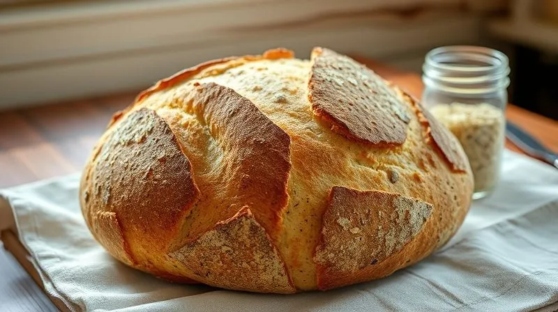 Photorealistic image of a rustic, artisanal rice sourdough bread loaf, beautifully risen and golden-brown, with a craggy, inviting crust. It's resting on a linen cloth on a wooden table, with soft, diffused sunlight. A small, active gluten-free sourdough starter in a glass jar is visible in the background. Sharp focus on the bread, with a gentle depth of field. 8K hyper-detailed, professional photography, shot on a high-end DSLR.