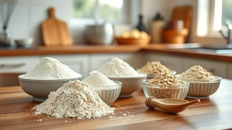 photorealistic, professional photography, 8K, cinematic lighting, sharp focus, depth of field, shot on a high-end DSLR. A variety of gluten-free flours (rice flour, oat flour, coconut flour, almond flour) neatly arranged in small bowls on a wooden kitchen counter, with a measuring spoon subtly visible, emphasizing healthy baking ingredients. Natural light streaming in from a window.