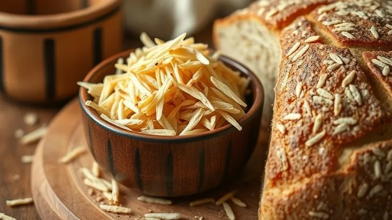 photorealistic, professional photography, 8K, cinematic lighting, sharp focus, depth of field, shot on a high-end DSLR. A close-up of a bowl filled with psyllium husk (babka p?esznik) next to a loaf of healthy rice bread, with a subtle focus on the fibrous texture of the psyllium. Soft, natural light highlights the ingredients, conveying a sense of health and natural goodness.