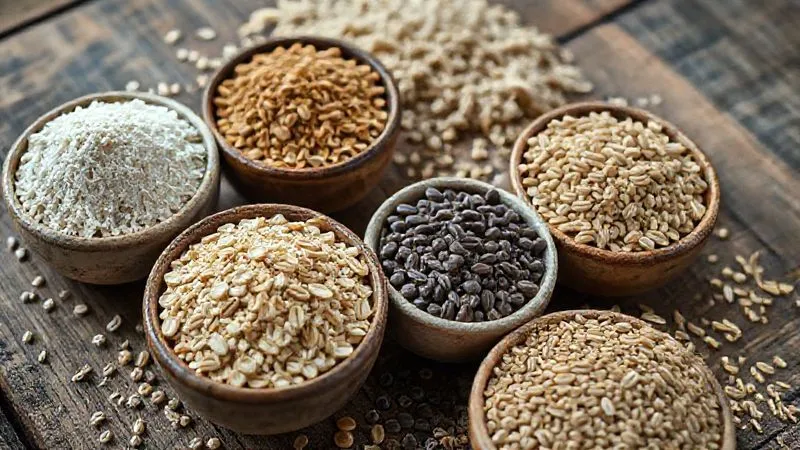 photorealistic, close-up of various types of rye flour (light, dark, whole grain), oats, flax seeds, and sunflower seeds in small ceramic bowls, on a rustic wooden table, cinematic lighting, sharp focus, depth of field, 8K hyper-detailed.