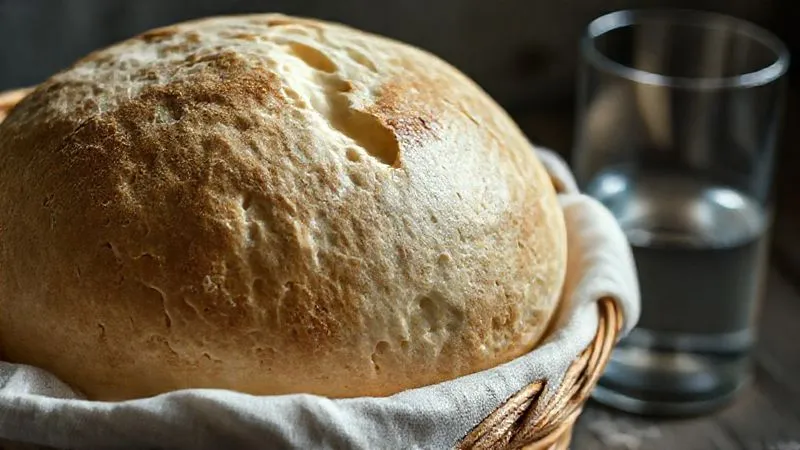 photorealistic, close-up of a perfectly risen rye bread dough in a proofing basket, showing its airy texture and bubbles from long fermentation, with a glass of water nearby, dramatic backlighting, sharp focus, depth of field, 8K hyper-detailed.