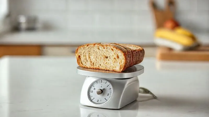 photorealistic, a single slice of rye bread on a small kitchen scale, showing a precise weight, next to a measuring tape, on a clean, modern kitchen counter, soft studio lighting, sharp focus, depth of field, 8K hyper-detailed.