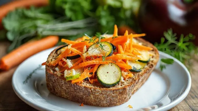 photorealistic, a slice of rye bread filled with grated carrots, zucchini, and some herbs, on a white plate, with fresh vegetables in the background, natural daylight, sharp focus, depth of field, 8K hyper-detailed.