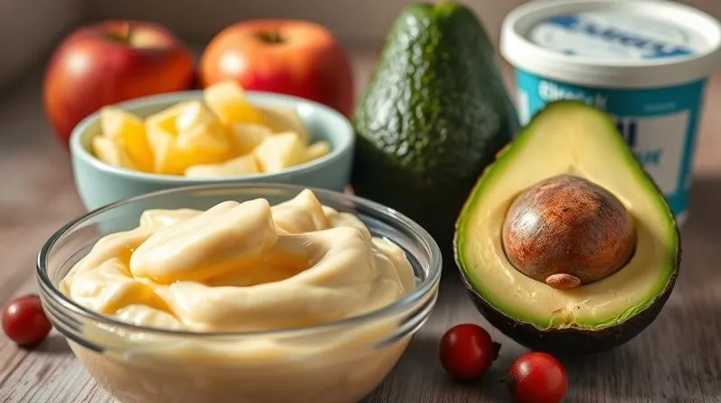 photorealistic, professional photography, 8K, cinematic lighting, sharp focus, depth of field, shot on a high-end DSLR, a vibrant still life composition featuring a bowl of creamy apple puree, a container of Greek yogurt, and a perfectly ripe avocado, symbolizing healthy fat alternatives for baking, with warm, inviting light.