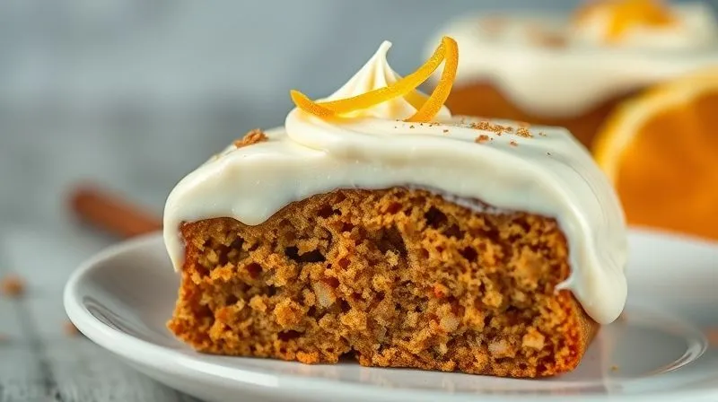 photorealistic, professional photography, 8K, cinematic lighting, sharp focus, depth of field, shot on a high-end DSLR, a close-up of a perfectly piped, light and airy cream cheese frosting made with Greek yogurt on a slice of carrot cake, garnished with delicate orange zest and a sprinkle of cinnamon, against a soft, blurred background, emphasizing healthy indulgence.