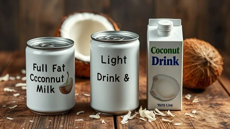 Photorealistic, professional photography, 8K, cinematic lighting, sharp focus, depth of field, shot on a high-end DSLR. A clear distinction between three cans of coconut milk: one labeled "Full Fat Coconut Milk", one "Light Coconut Milk", and one "Coconut Drink". The full-fat can is rich and opaque, the light one slightly less so, and the drink carton is clearly thinner. They are arranged on a rustic wooden table with fresh coconut shavings and a single whole coconut in the background, implying choices for healthy cooking. The lighting emphasizes the different textures and labels.