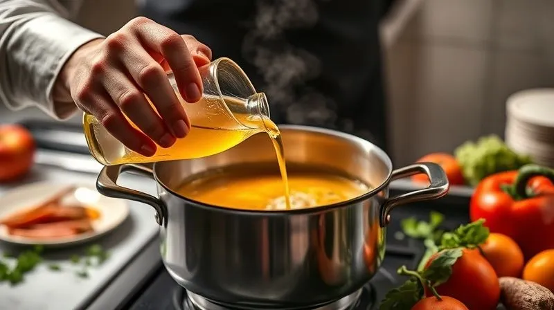 Photorealistic, professional photography, 8K, cinematic lighting, sharp focus, depth of field, shot on a high-end DSLR. A chef's hands are carefully pouring clear vegetable broth from a glass jug into a simmering pot of vegan coconut curry. The pot is on a stovetop, surrounded by fresh vegetables and herbs. The steam from the pot is visible, and the lighting highlights the action of dilution, emphasizing control and precision in cooking. The scene is clean and professional, suggesting a healthy culinary practice.