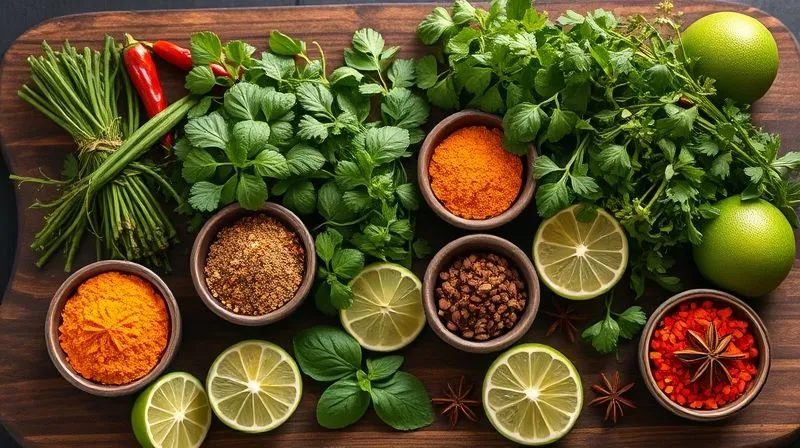 Photorealistic, professional photography, 8K, cinematic lighting, sharp focus, depth of field, shot on a high-end DSLR. A vibrant and aromatic display of fresh herbs and exotic spices arranged artistically on a dark wooden board. There are bunches of fresh cilantro, Thai basil, and mint, alongside small bowls filled with colorful ground spices like turmeric, cumin, chili flakes, and whole star anise. A few limes are cut, showing their juicy interior. The lighting is warm and inviting, highlighting the textures and colors, suggesting a rich culinary experience built on flavor, not just fat.