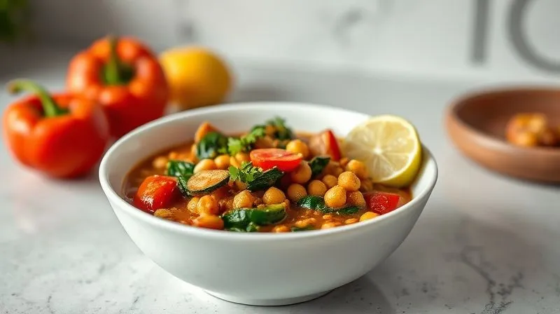 Photorealistic, professional photography, 8K, cinematic lighting, sharp focus, depth of field, shot on a high-end DSLR. A beautifully plated bowl of vibrant, low-calorie vegan coconut curry, garnished with fresh cilantro and a lime wedge. The curry is rich in colorful vegetables like red bell peppers, green zucchini, and spinach, with visible chickpeas. It's served on a light, minimalist plate, emphasizing freshness and health. The background is softly blurred, hinting at a modern, clean kitchen environment. The overall impression is delicious, healthy, and visually appealing.